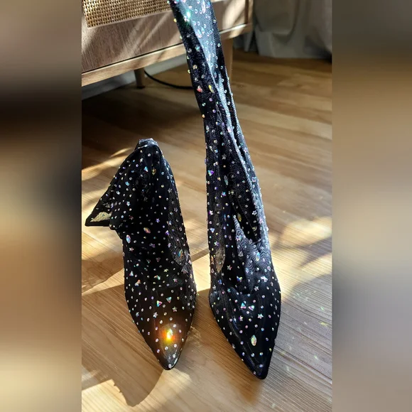 Stiletto rhinestone Bootie In Black a mid calf high shaft - Picture 2 of 7